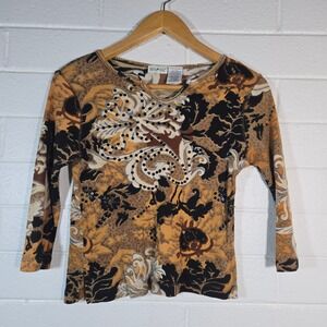 Vtg Ribbed Knit Top Medium Paisley Sequin 3/4 Sleeve Embellished Boho Artsy